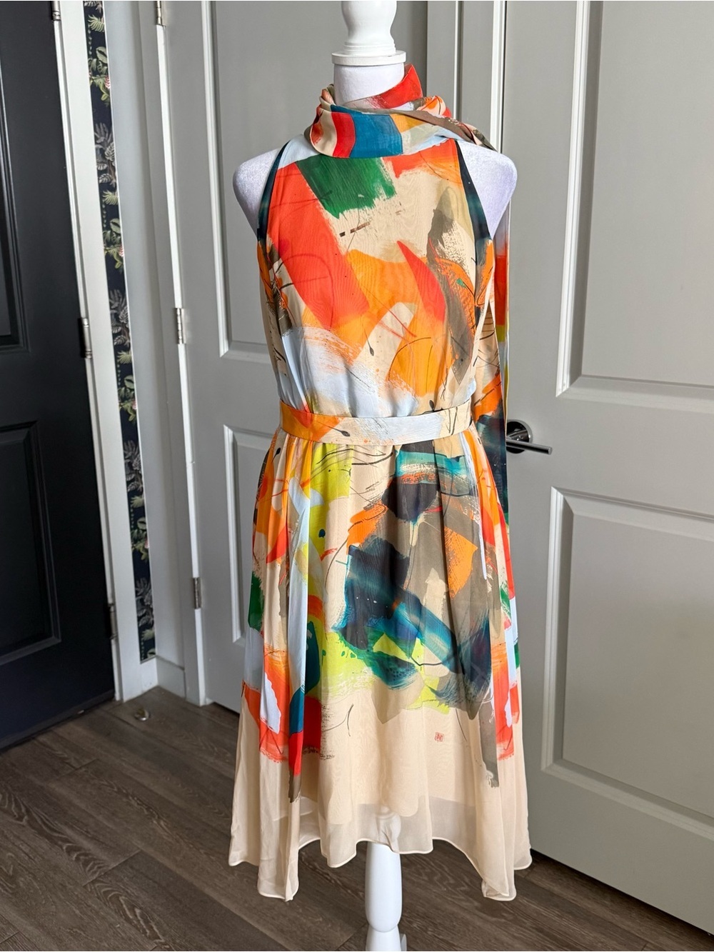 NWOT AKRIS Stroke on Paper Print Belted Silk Dress Size 6
